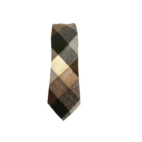 Vintage Scottish Plaid Check Classic Woven Tie Brown Gray 100% Pure Wool - Picture 2 of 7